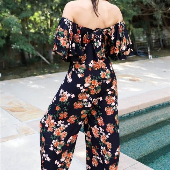 Floral Print Off-The-Shoulder Flare Sleeve Back Tie Detail Wide Leg Jumpsuit - Picture 5 of 6